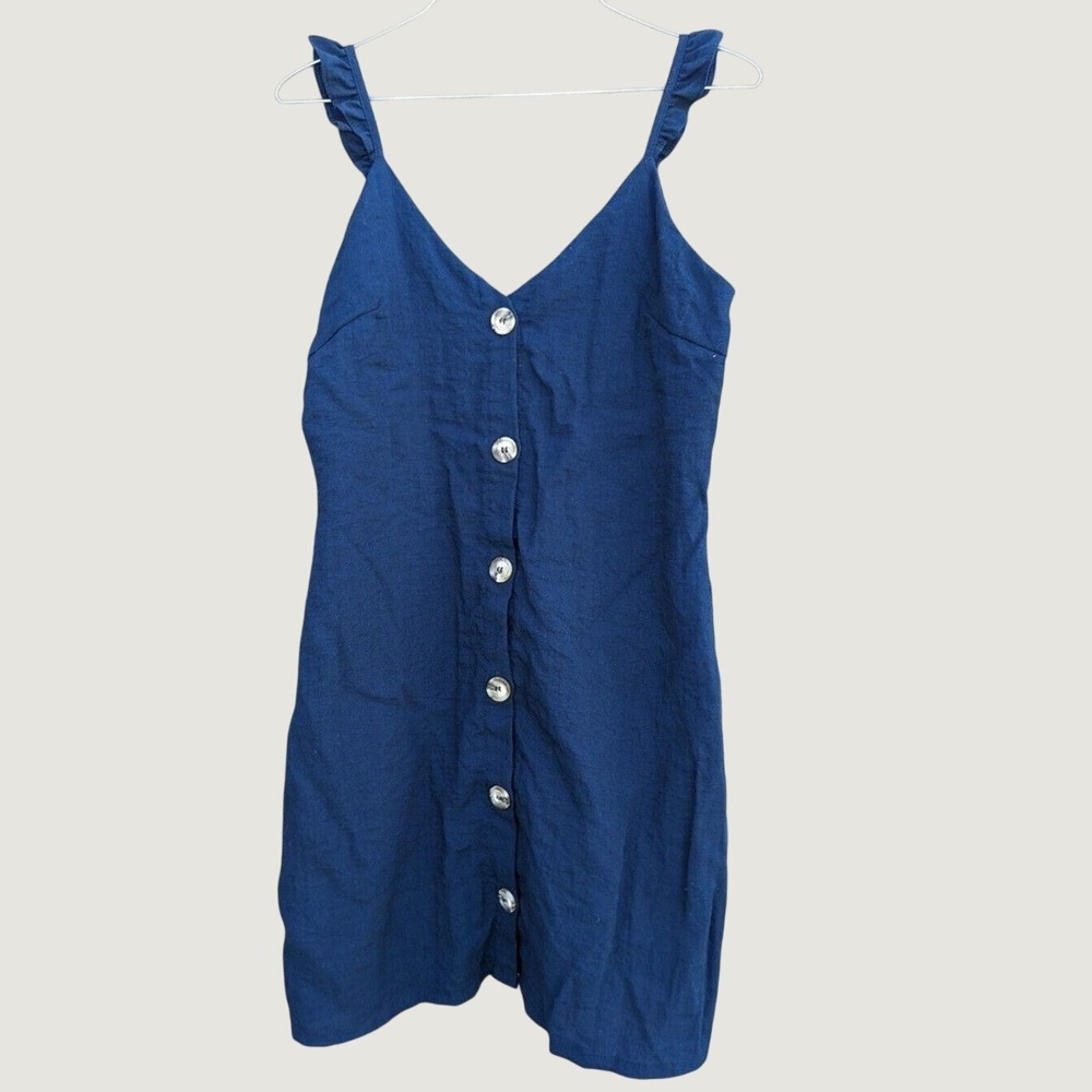Le Lis Navy Blue Ruffle Strap Button Front Mini Dress Small Babydoll 90s classic